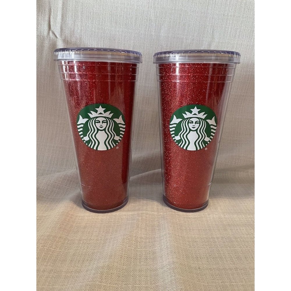 Starbucks Red Glitter Cold Cup Tumbler Siren Logo Set of 2 Holiday 2018